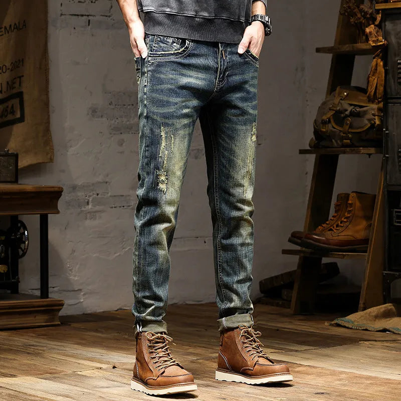 Men's skinny fit jeans in retro colour with zip fly, shown flat and on model