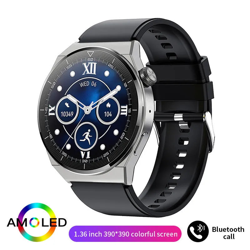 Black silicone smartwatch with silver vinyl case showing health metrics on TFT screen