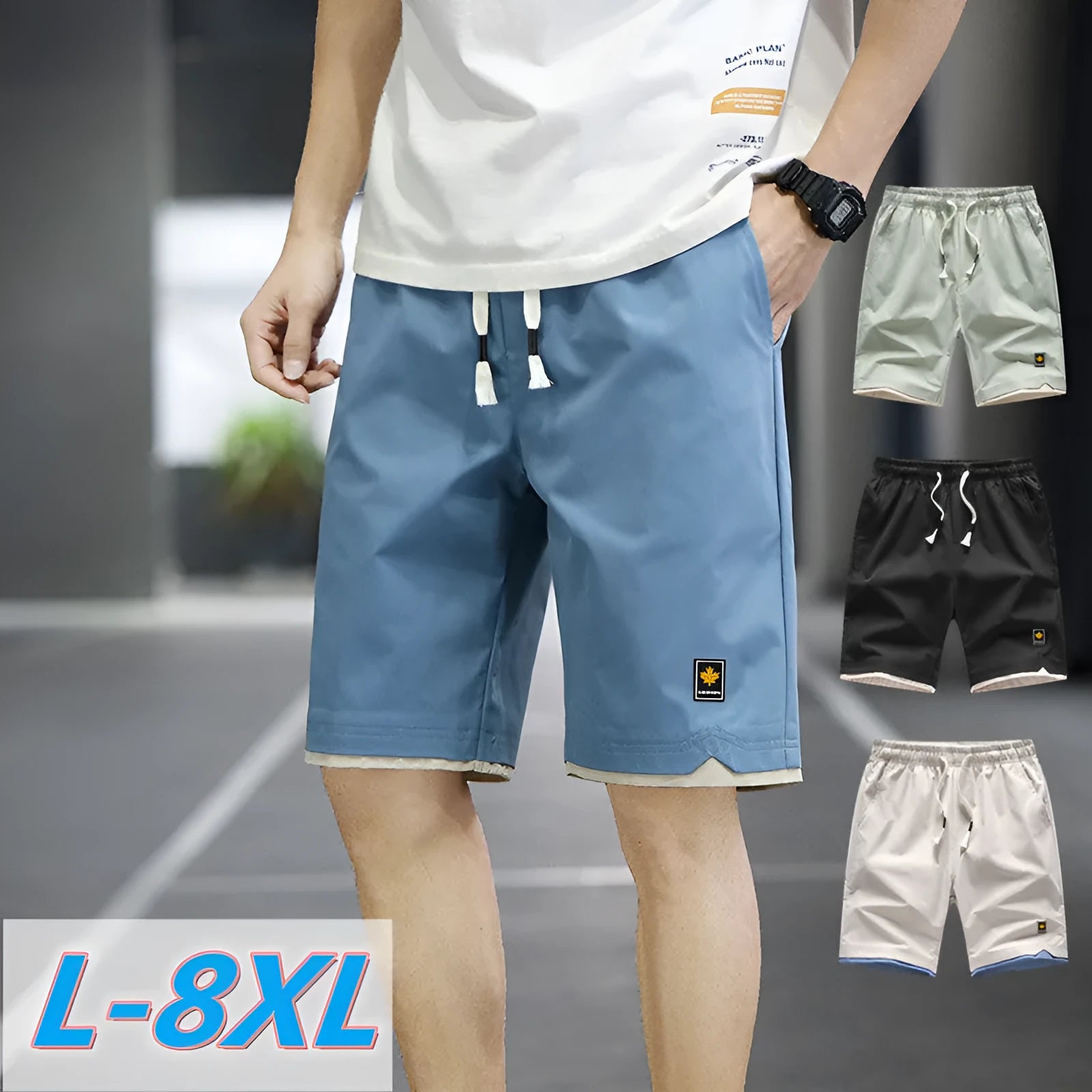 Korean style men's casual beach shorts in loose straight fit with elastic waistband
