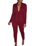 Ruffled business uniform set showing shirt with detailing and matching pencil pants