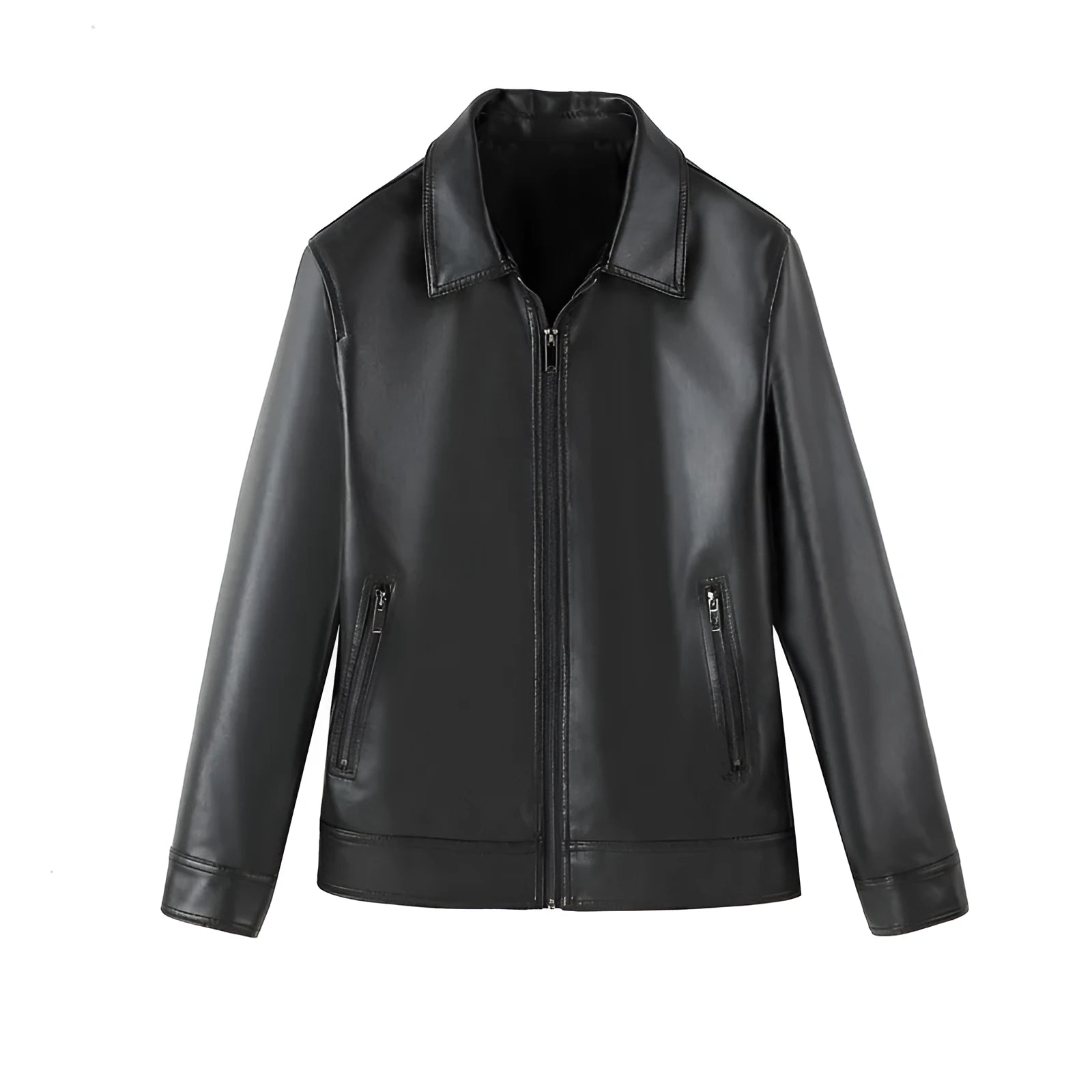 Men's black PU leather casual jacket with zip-up front and multiple pockets