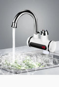 White kitchen electric water heater tap with digital temperature display and instant heating capability