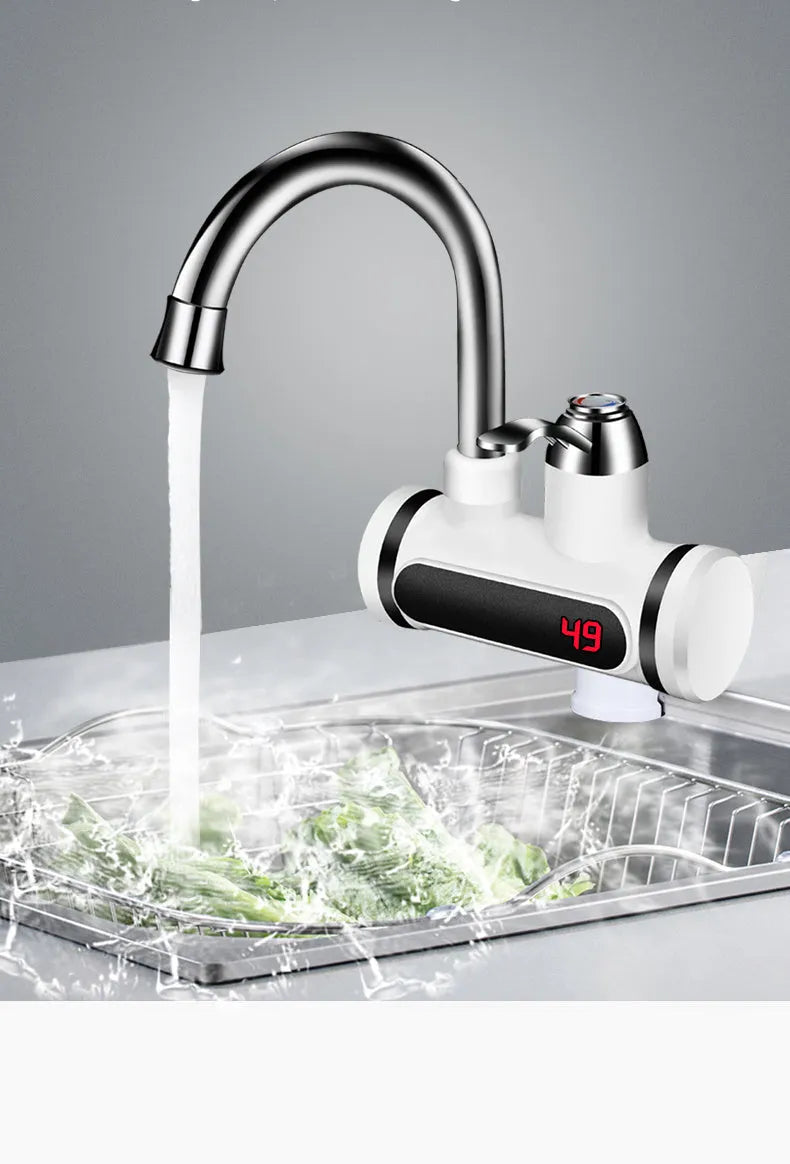 White kitchen electric water heater tap with digital temperature display and instant heating capability