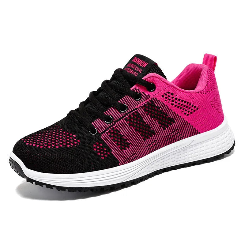 Women's Flyknit running shoes in black, rose red, or grey pink with soft sole and lace-up front.