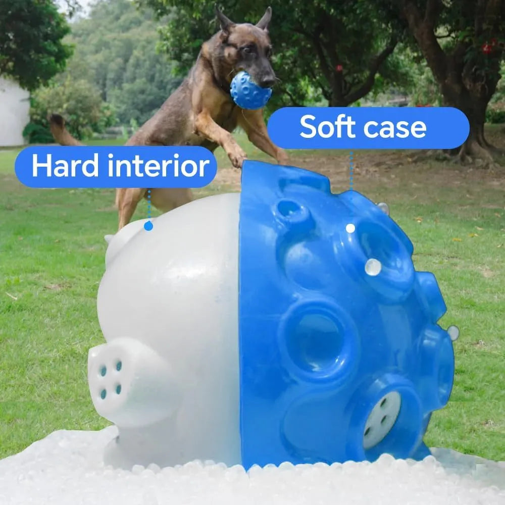 Colourful dog toy ball with textured meteorite bumps for teeth cleaning and squeaky sound