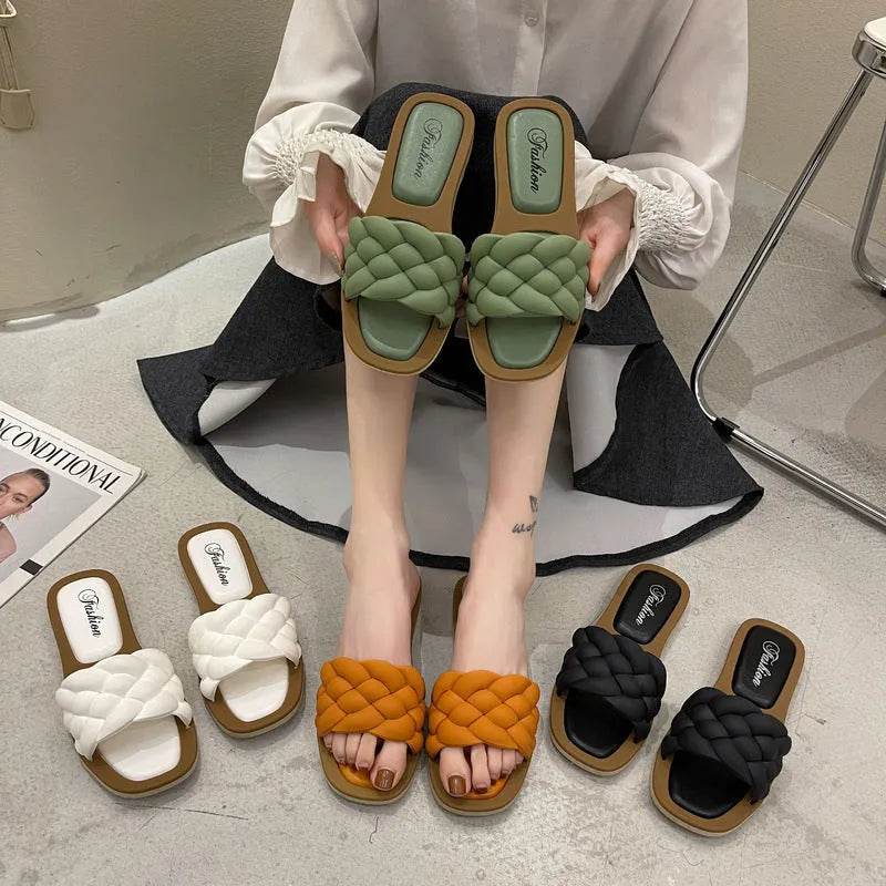Women's plaid pattern PVC beach sandals with a thick anti-skid sole in black, green, orange, or white.