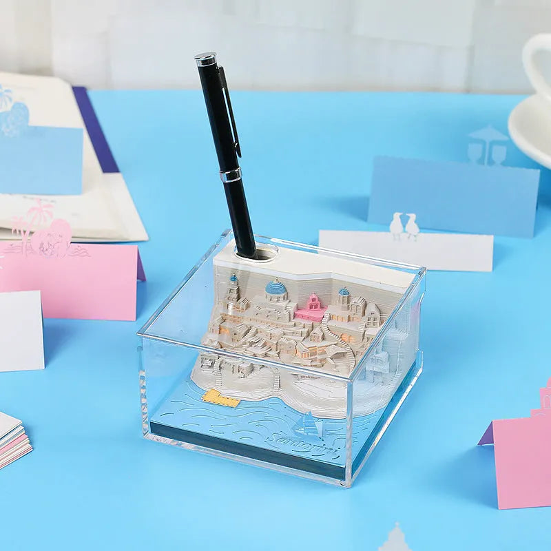 Santorini 3D paper carving notepad building model with LED lighting measuring 9x9x5 cm