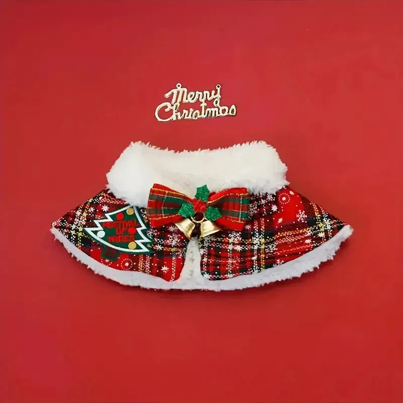 Festive red and blue printed polyester scarf for a dog around its neck during winter