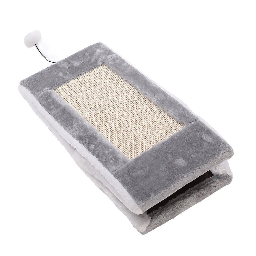Grey and white triangular cat bed with integrated sisal scratching post, shown next to a light brown and beige version.