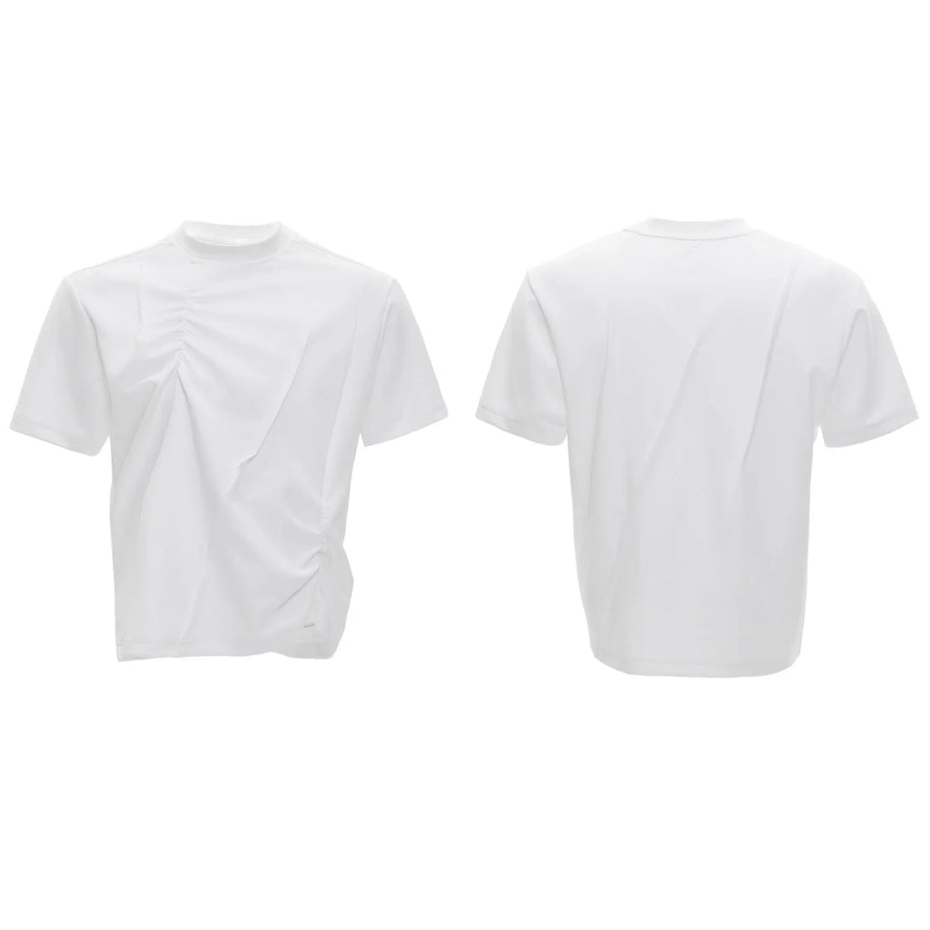 Men's black cotton t-shirt with three-dimensional pleats and asymmetric stitching on a loose fit.