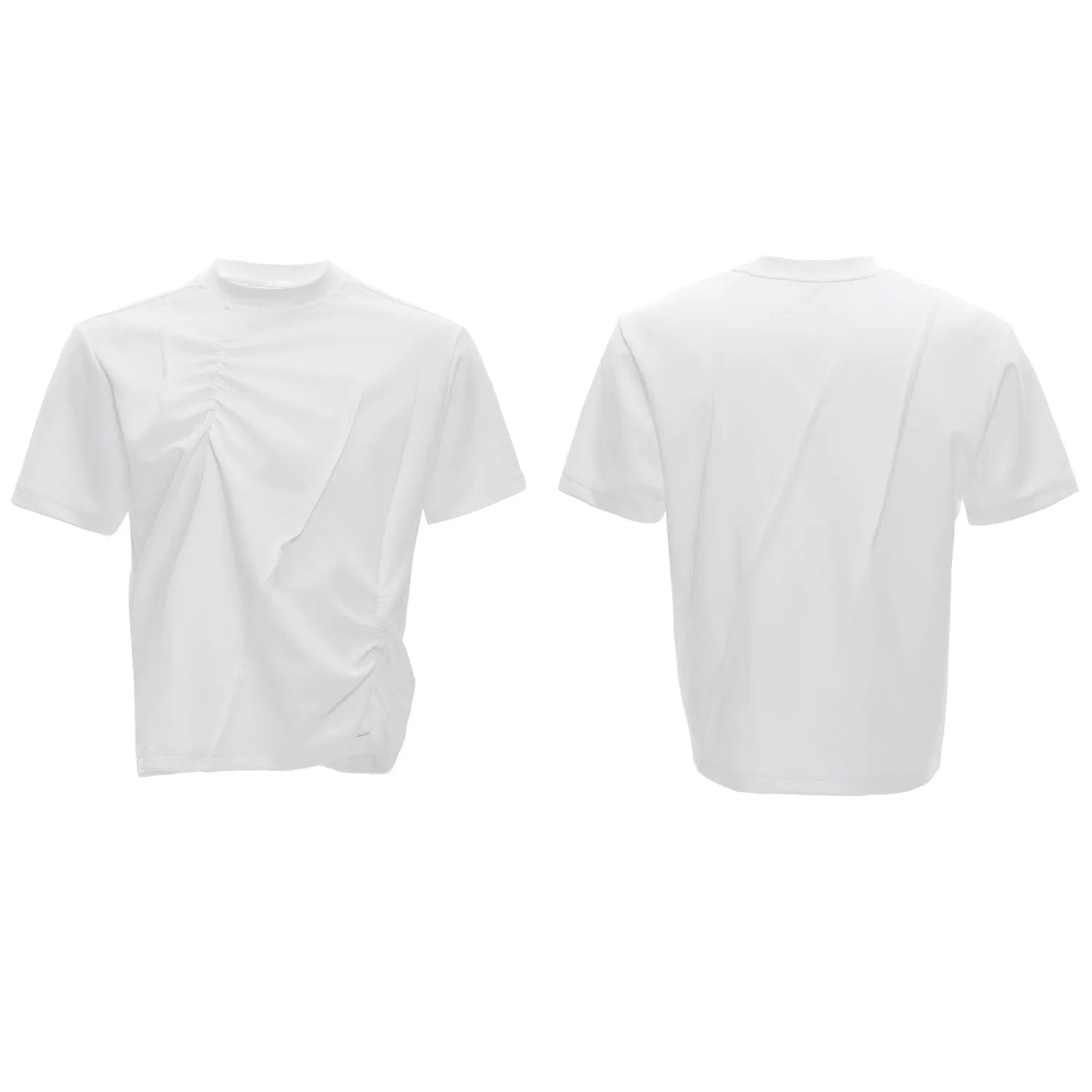 Men's black cotton t-shirt with three-dimensional pleats and asymmetric stitching on a loose fit.