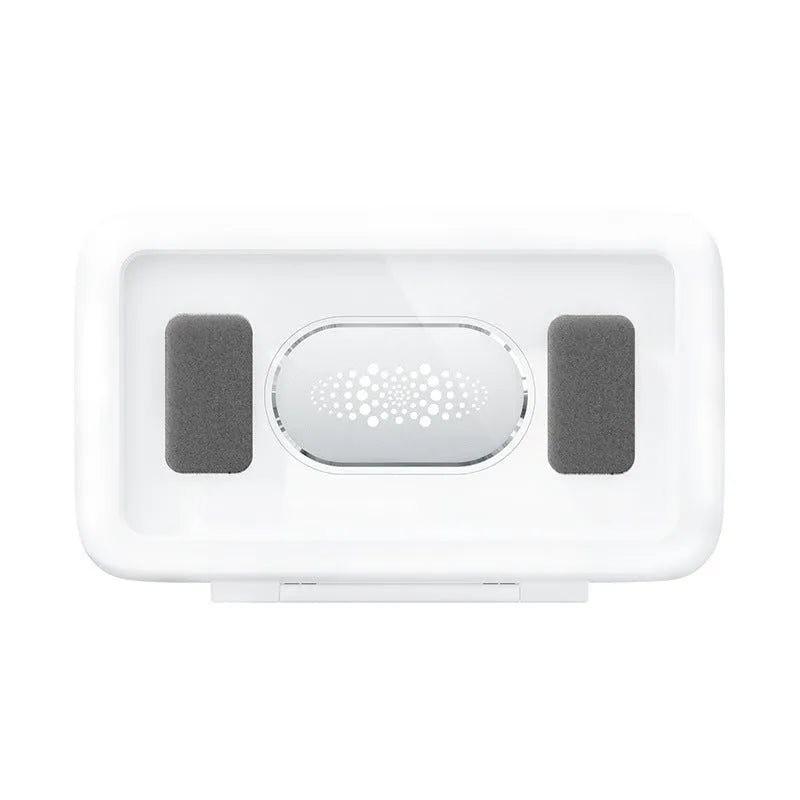 White waterproof phone holder mounted on bathroom tile showing smartphone visible through anti-fog window