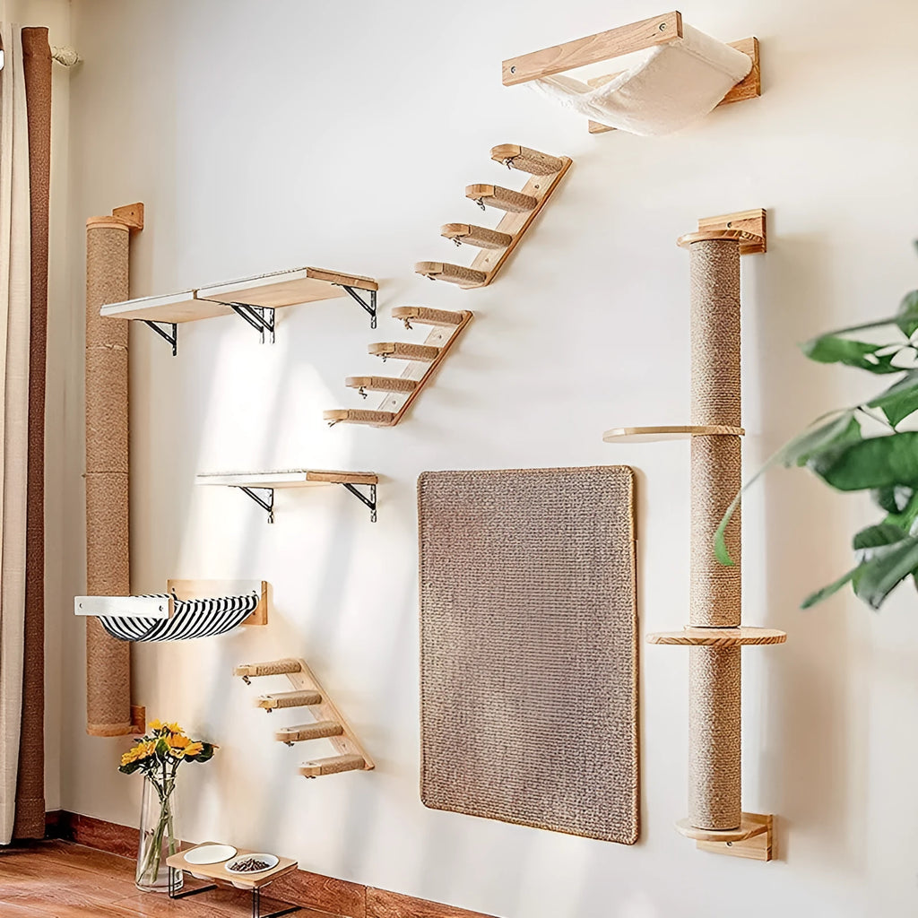 Wooden cat climbing frame with sisal scratching post and wall-mounted jumping platform