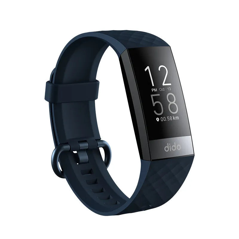 Smart bracelet on wrist showing blood pressure and ECG monitoring on its 1.1-inch screen.