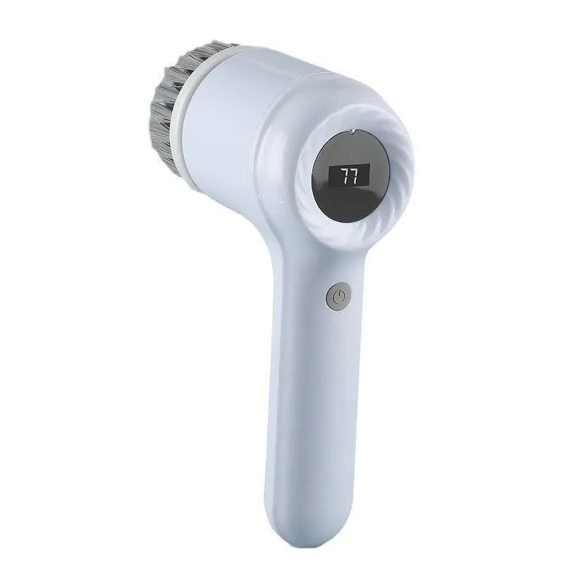 USB rechargeable electric cleaning brush in light grey or purple with multiple cleaning heads