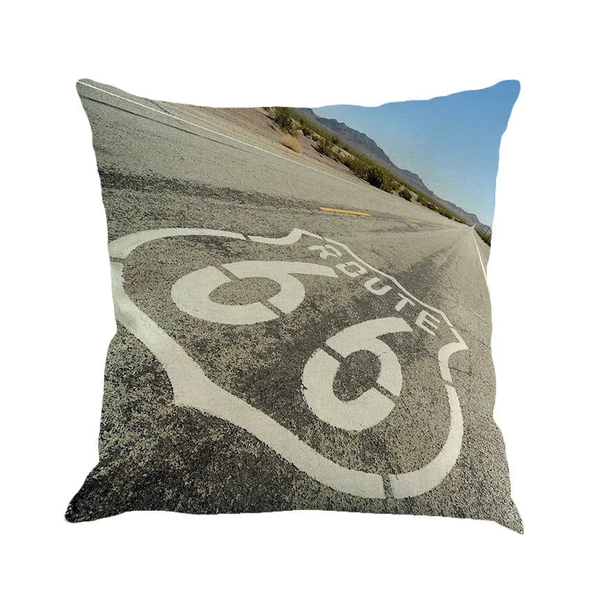 Route 66 landscape patterned linen cushion cover with zip closure measuring 45x45 cm