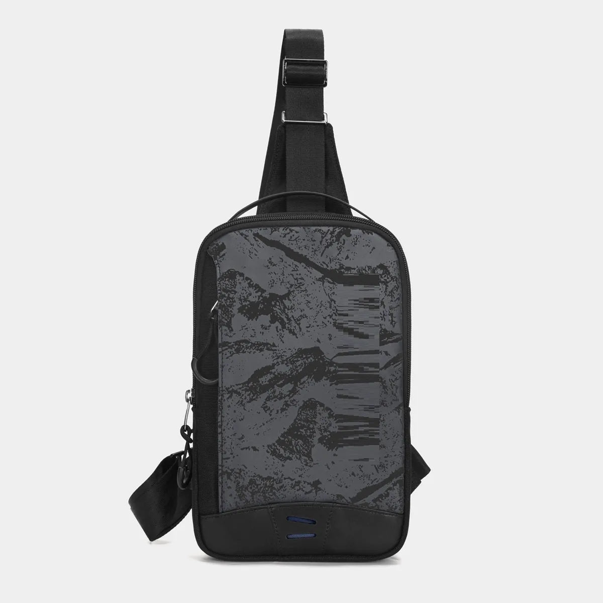 Casual black camouflage pattern chest bag with a single shoulder strap and soft handle.