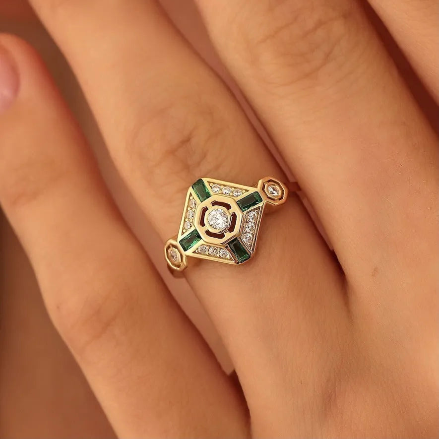 Square geometric women's fashion ring with electroplated lvzuan finish shown in ins style