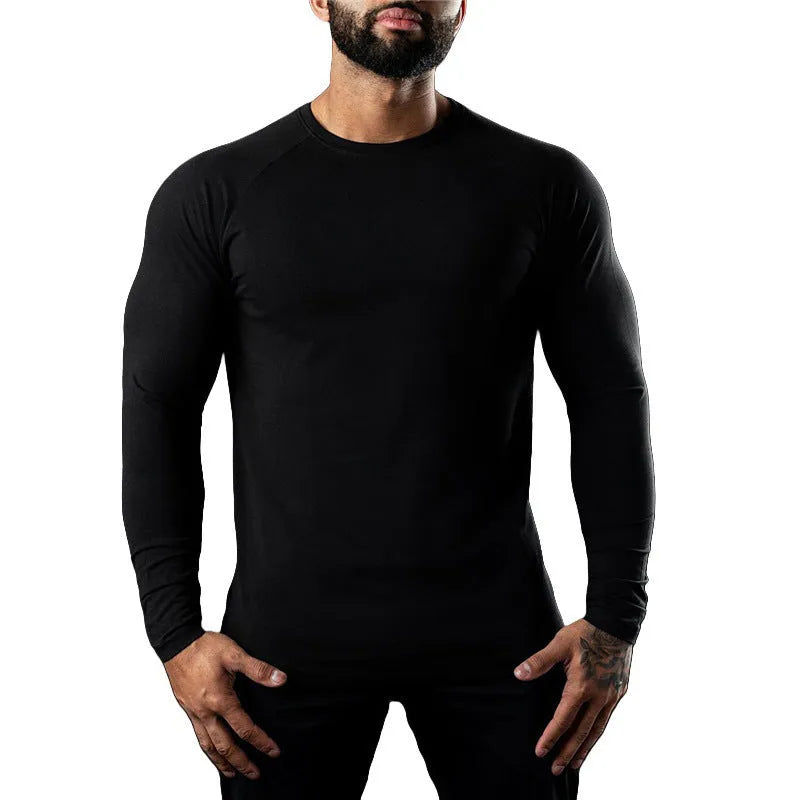 Men's tight-fitting long sleeve cotton sports t-shirt in multiple colours for exercise.