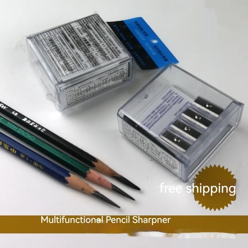 Geometric plastic pencil sharpener with four holes and an integrated screwdriver