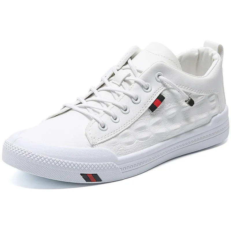 White men's lace-up casual sneakers with a PU leather upper and rubber sole on a flat heel.
