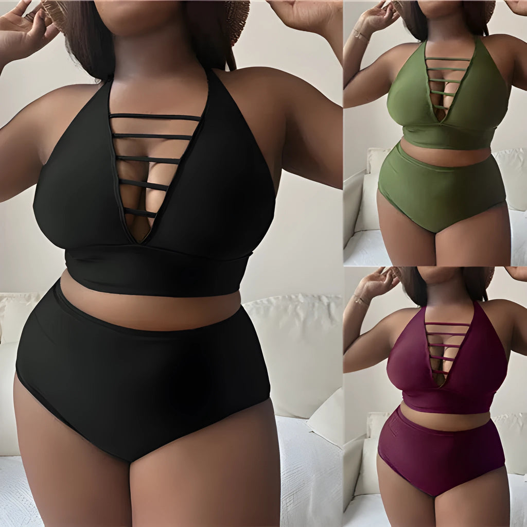 Plus size halter bikini set with adjustable hollow cross straps in black, green or wine red