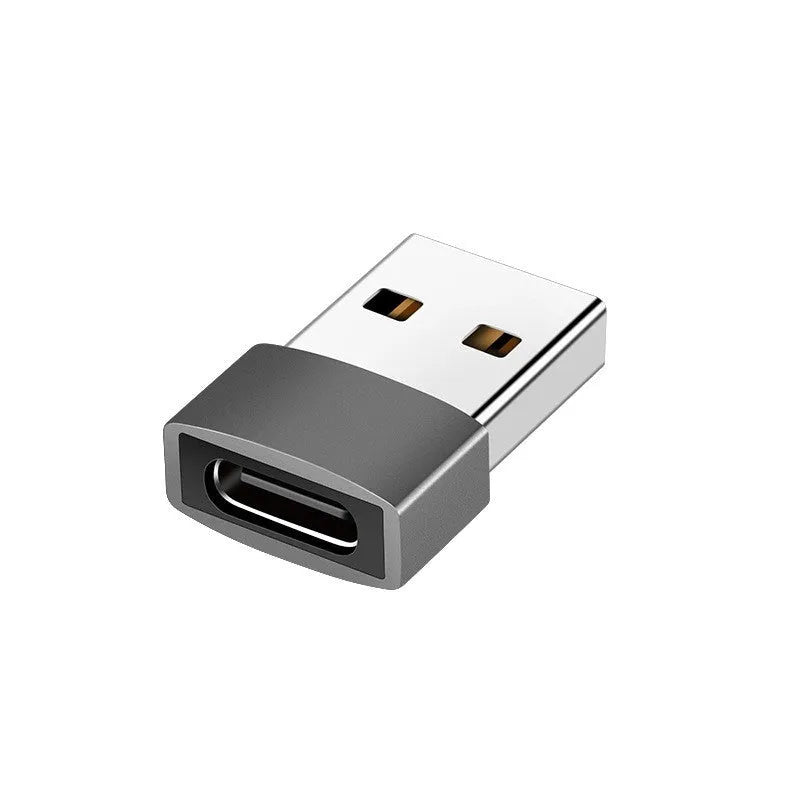 USB to Type-C adapter showing Type-C female and USB male connectors in black or silver finish