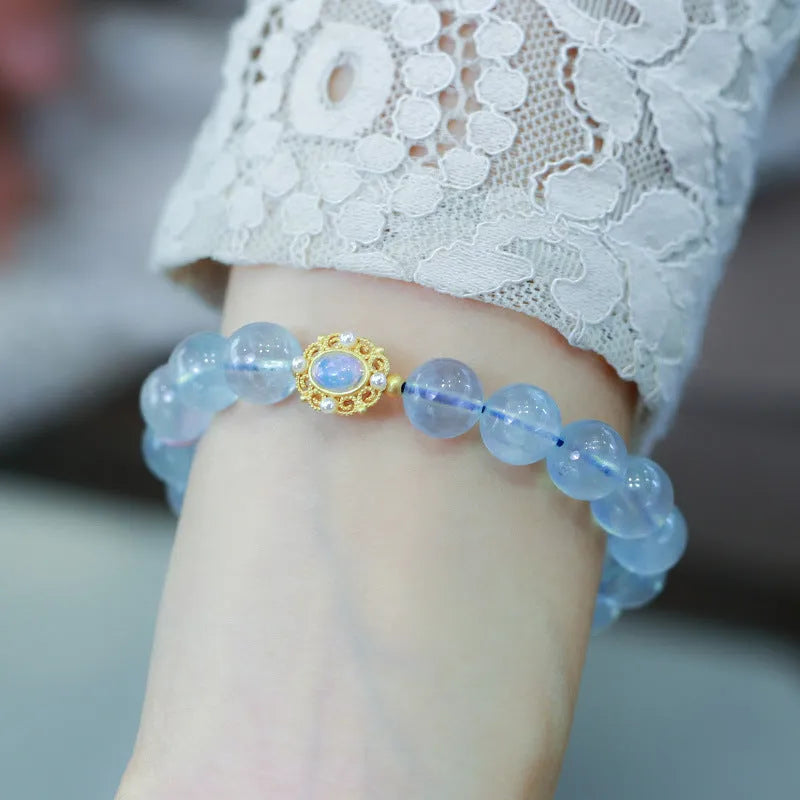 Women's Chinese style Fengjiu DIY aquamarine bracelet with pearl and pink crystal charms
