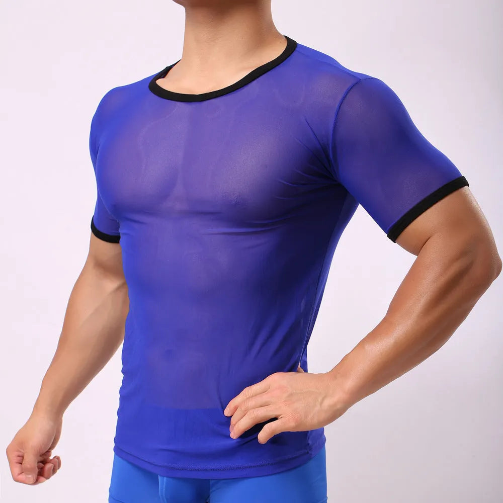 Men's slim fit solid colour mesh t-shirt on a hanger, showing transparent nylon fabric.