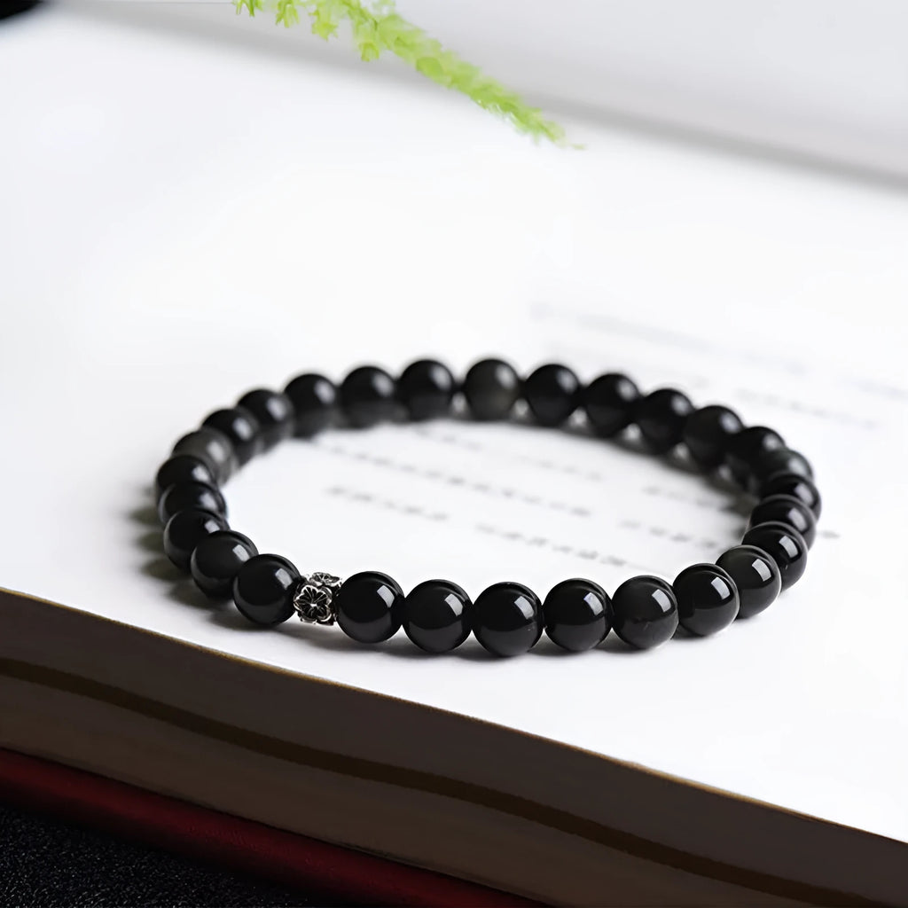 Natural obsidian bracelet with S925 silver flower accessory and constellation design