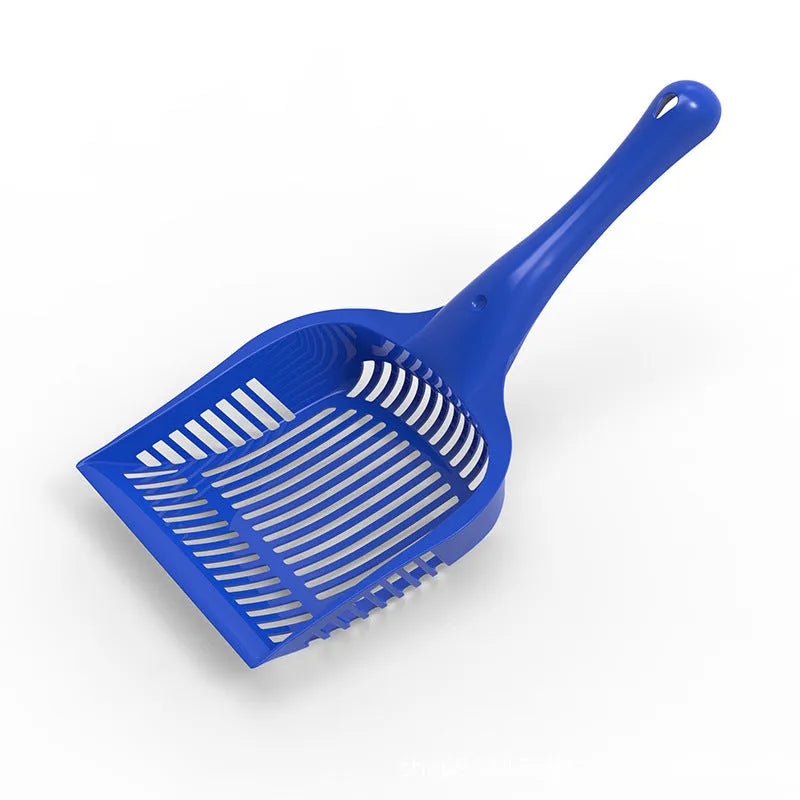 Plastic cat litter scoop in red, yellow, and blue colours showing small and medium size options