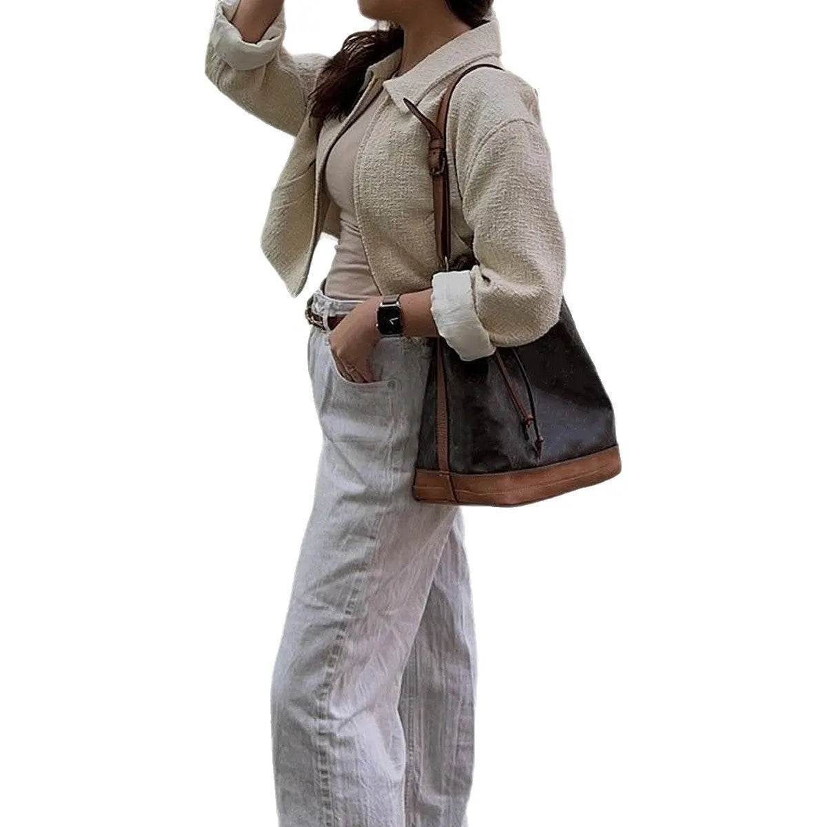 Women's apricot solid colour polyester long sleeve jacket, front view, on hanger