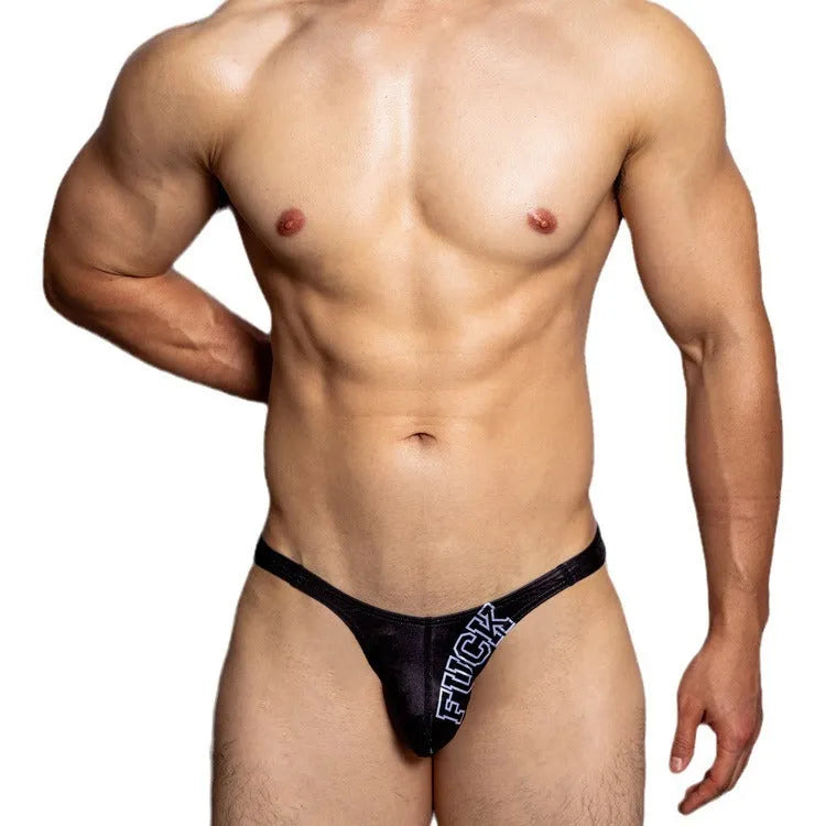 Low-waist triangle shorts in briefs style made from white, black, or orange polyester plain weave fabric.