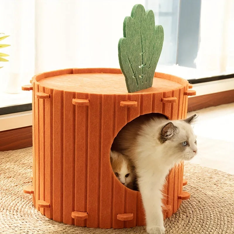A brown felt carrot-shaped cat nest with a round drilled hole entryway, shown in two size options.
