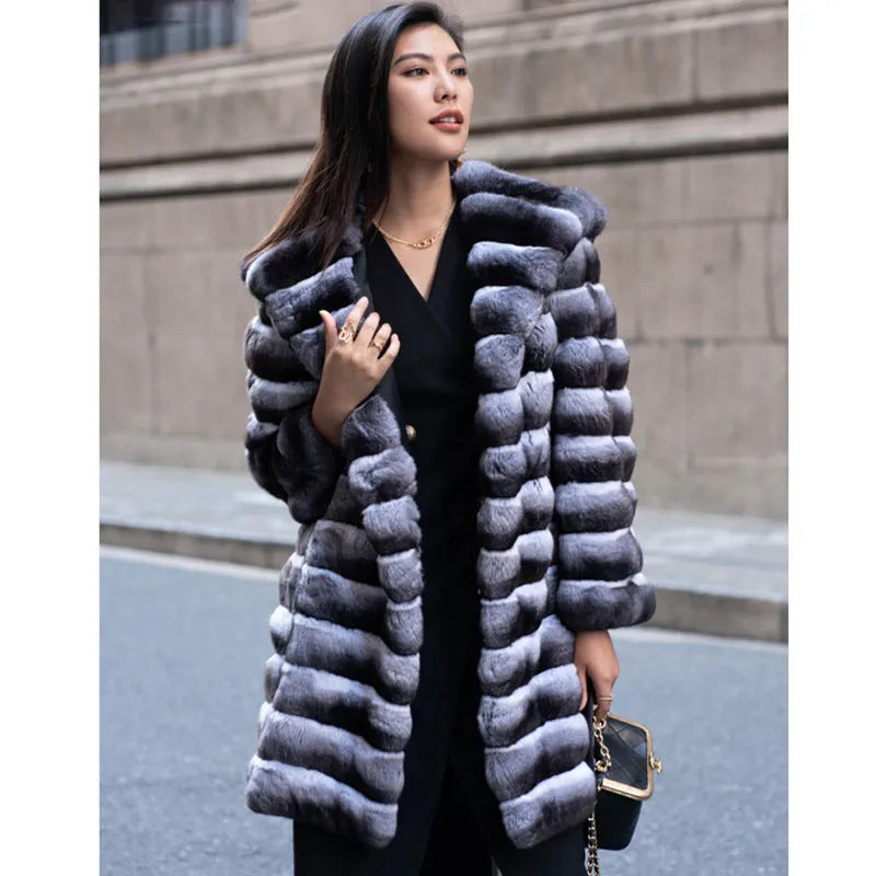 Women's zebra stripe artificial mink overcoat with mid-length cut and regular sleeves