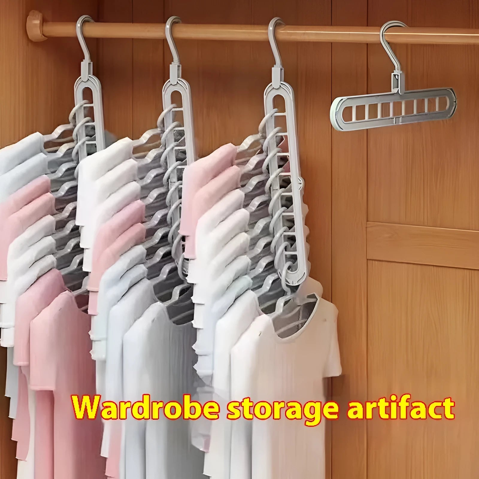 Green plastic multifunctional hanger with nine holes for trousers in a seamless folding pant rack design.