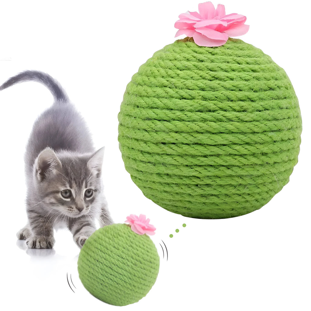 Green interactive cat toy with sisal scratcher and tumbler ball on tree tower base for indoor play
