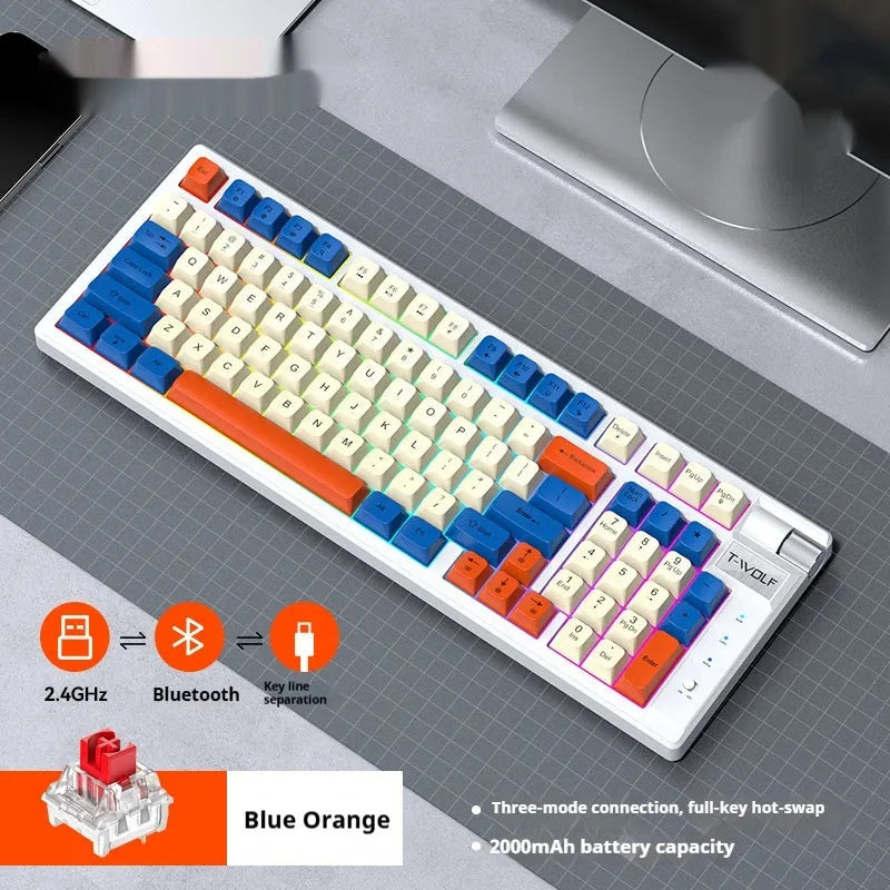 Bluetooth mechanical gaming keyboard in black and red or blue orange colours with USB receiver and cable