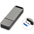 Customisable metal USB flash drive in black, red, or silver colours showing high storage capacity options.