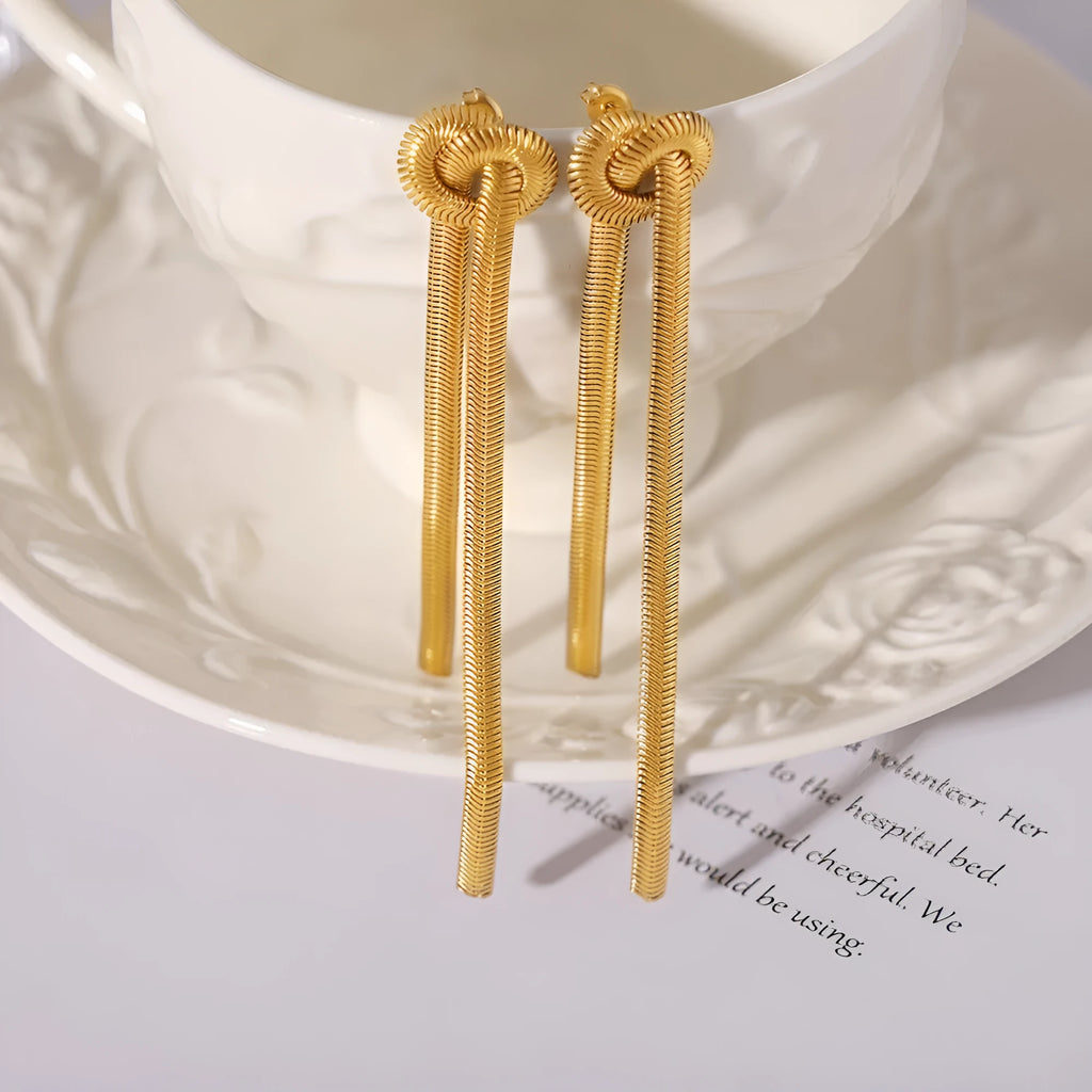 Gold knotted tassel snake chain long necklace and matching earrings set for women