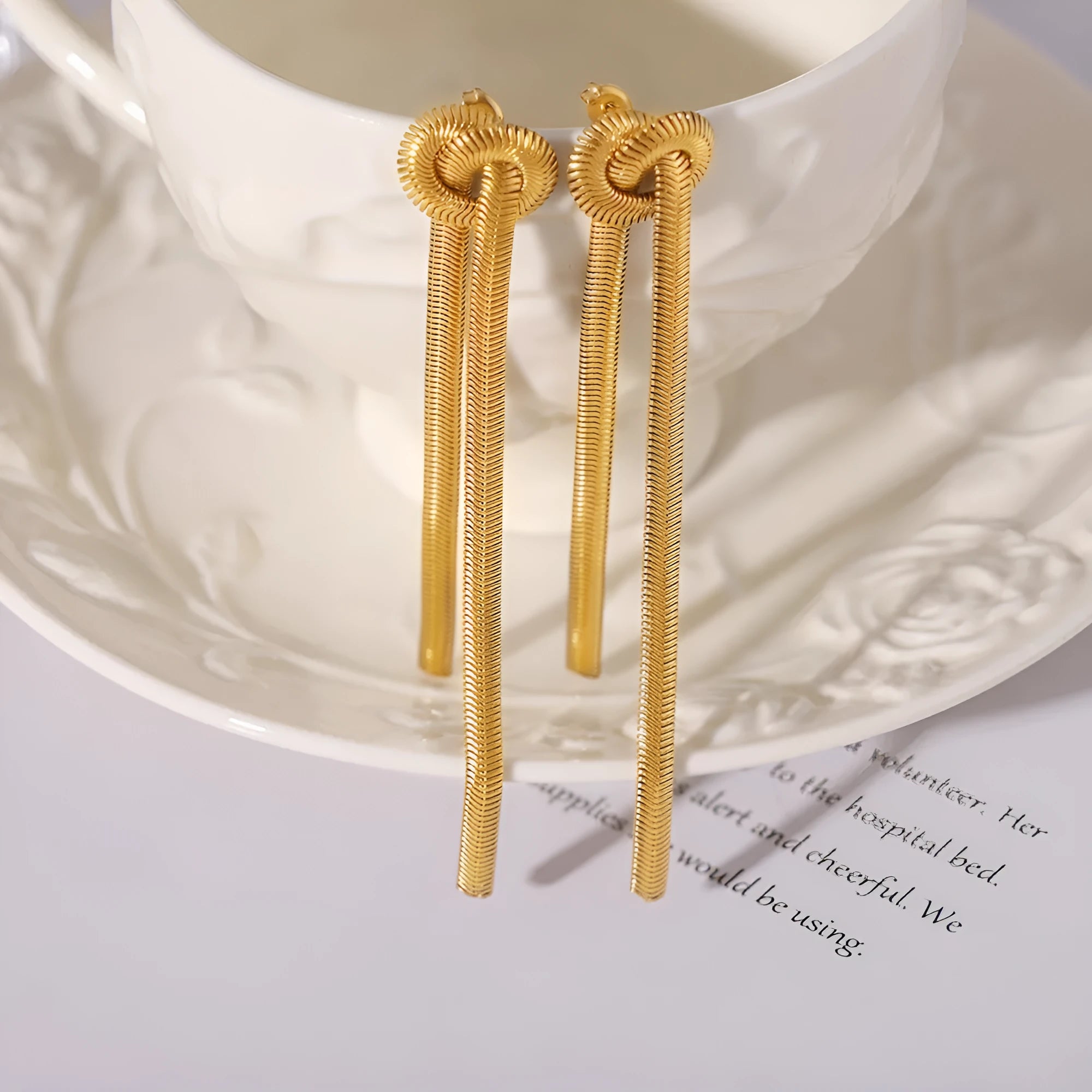 Gold knotted tassel snake chain long necklace and matching earrings set for women