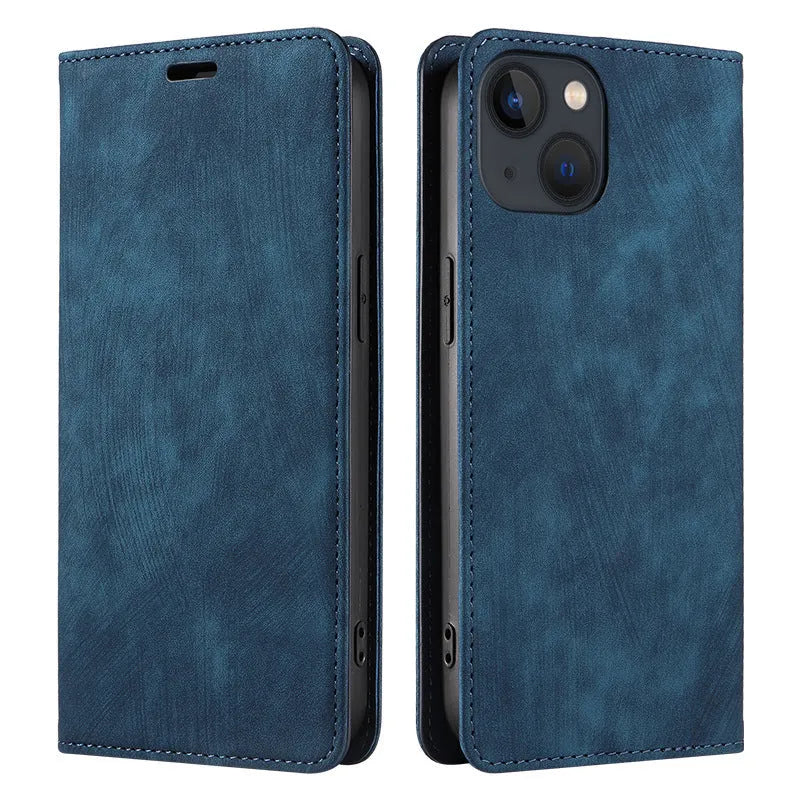 Magnetic flip phone case for iPhone in solid colours, showing TPU frame and leather cover.