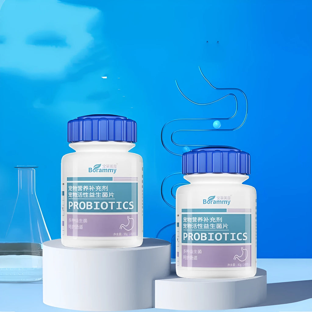 Bottle of Pet Active Probiotic Tablets containing 180 chewable tablets for pet health.