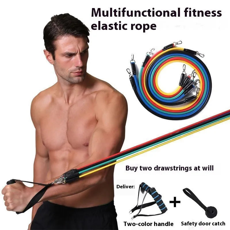 Multi-functional door sports 11-piece fitness set with pulling rope, housed in cloth bag packaging.