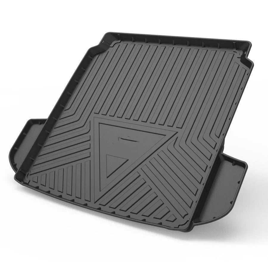 Black car boot protective mat with carbon fiber texture pattern, made from TPO+TPV material.