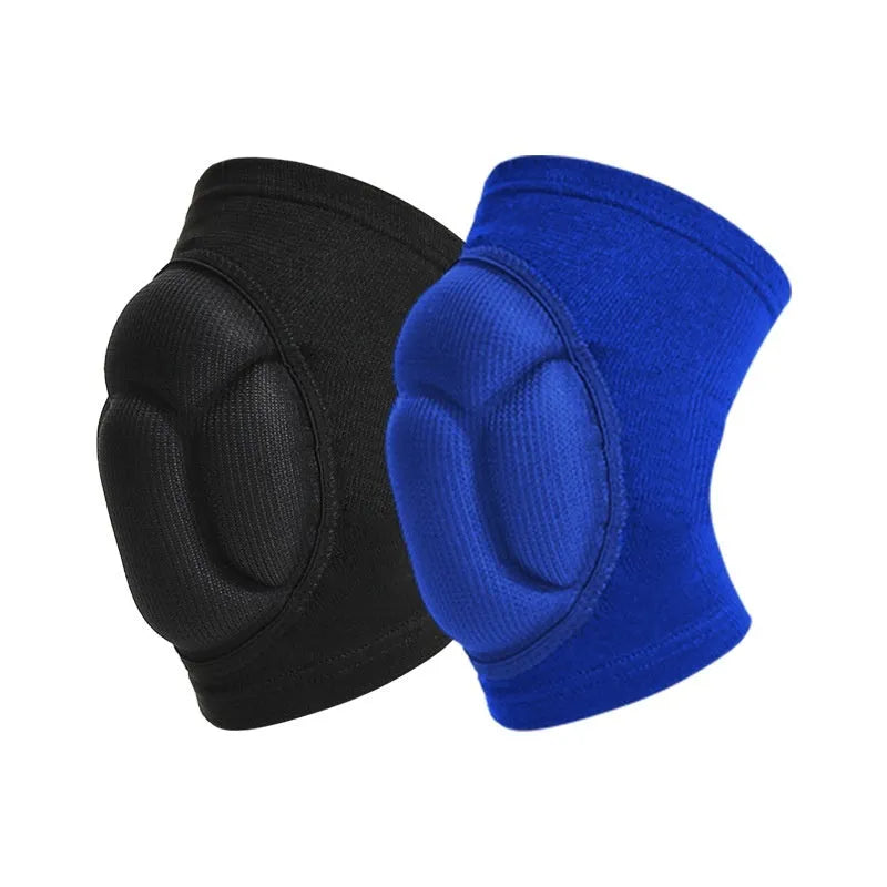 A pair of black and blue kneepads with thick sponge padding for dance and sports.