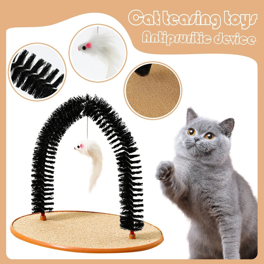 Black arch-shaped cat scratching post with grooming brush surface and attached plush mouse toy