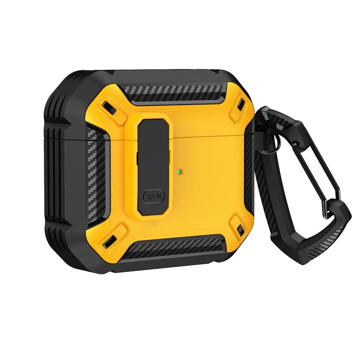 AirPods plastic clamshell protective case in a two-colour design with an attached metal carrying hook