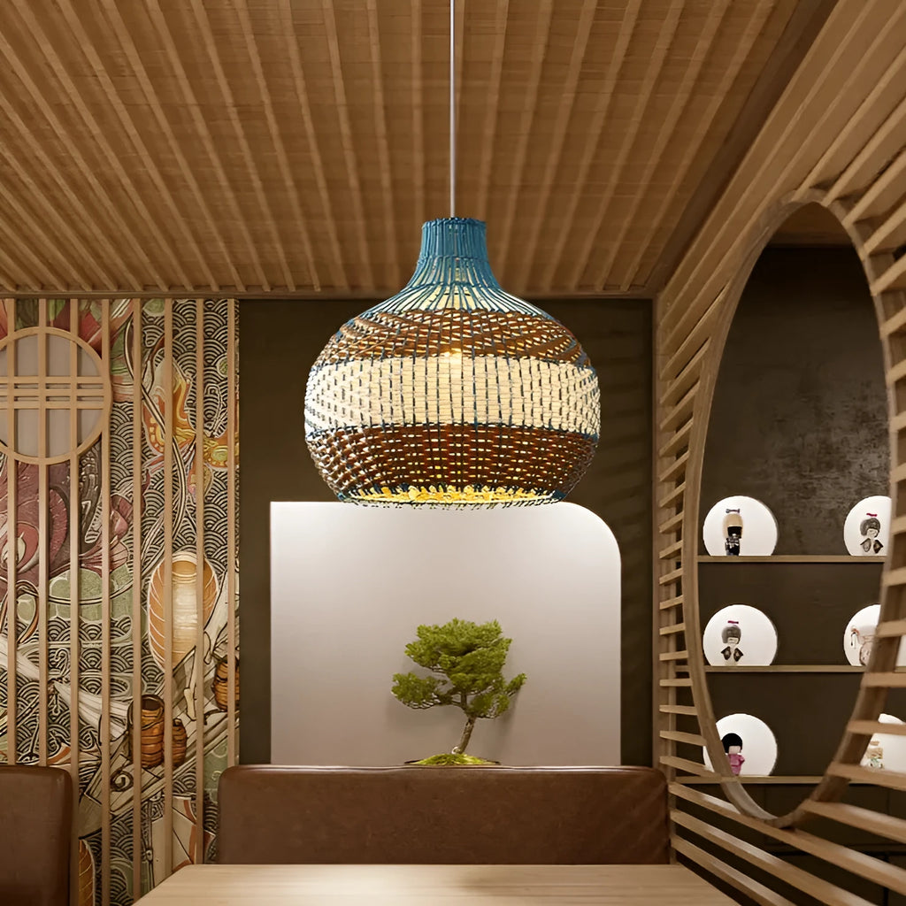 Natural rattan woven pendant lamp with Southeast Asian style design in choice of diameters