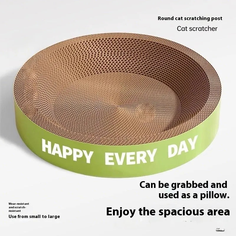 Green round reversible cat nest showing plush bedding side and textured sisal scratching side.